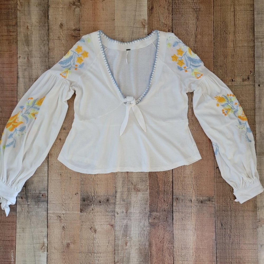 Free People Tie Front Embroidered Bohemian Long Sleeve Top